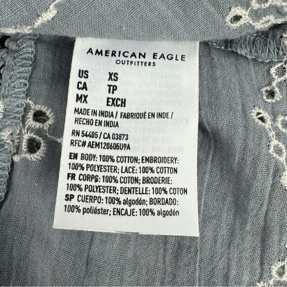 American Eagle Eyelet Embroidered Peasant Blouse Blue White XS Cropped - Picture 12 of 14